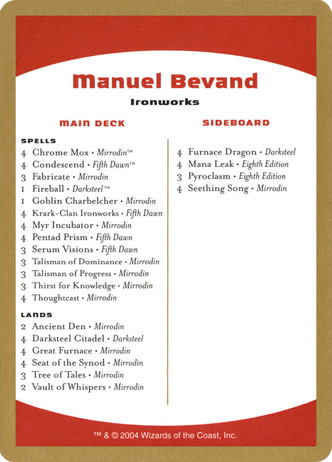 Manuel Bevand Decklist [World Championship Decks 2004] | Boutique FDB TCG