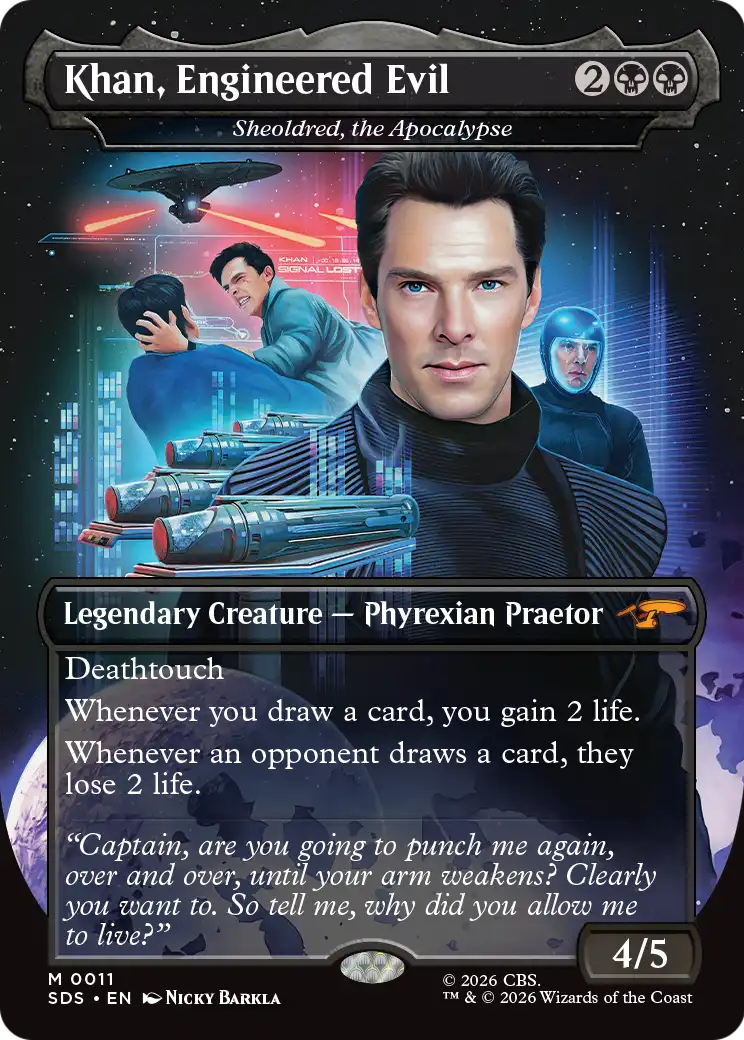 Khan, Engineered Evil - Sheoldred, the Apocalypse (Borderless) [Star Trek: Stardates] | Boutique FDB TCG