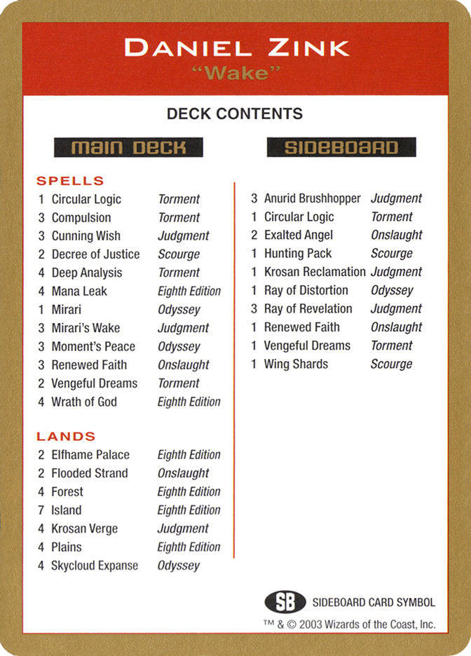 Daniel Zink Decklist [World Championship Decks 2003] | Boutique FDB TCG