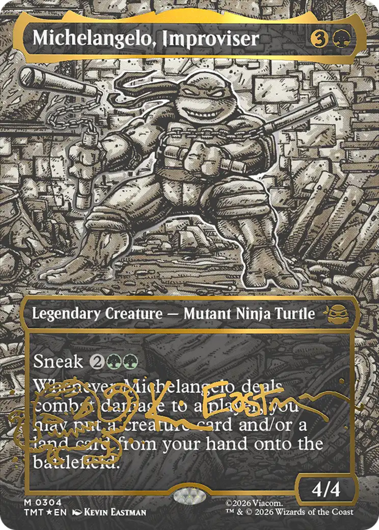 Michelangelo, Improviser (Borderless) (Gold-Stamped Signature) [Teenage Mutant Ninja Turtles] | Boutique FDB TCG