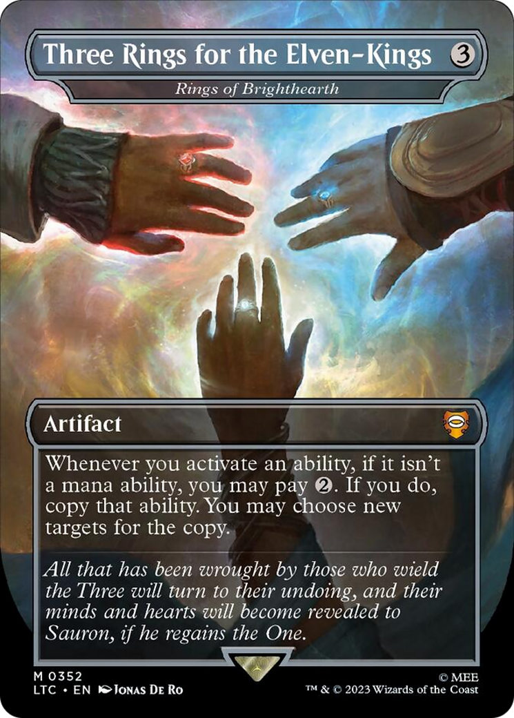 Three Rings for the Elven-Kings - Rings of Brighthearth (Borderless) (Surge Foil) [The Lord of the Rings: Tales of Middle-Earth Commander] | Boutique FDB TCG