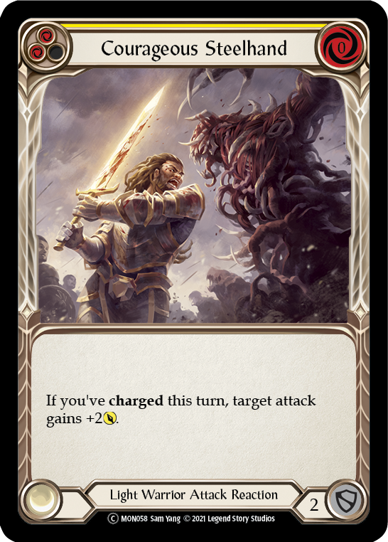 Courageous Steelhand (Yellow) [U-MON058-RF] (Monarch Unlimited)  Unlimited Rainbow Foil | Boutique FDB TCG