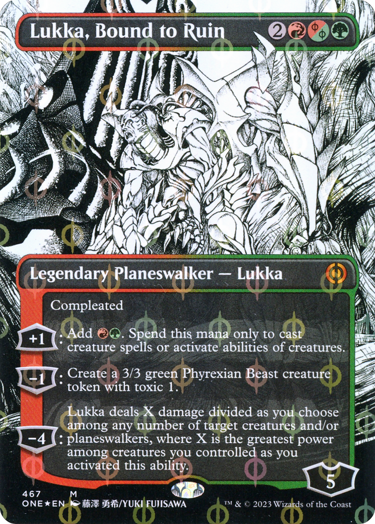 Lukka, Bound to Ruin (Borderless Manga Step-and-Compleat Foil) [Phyrexia: All Will Be One] | Boutique FDB TCG