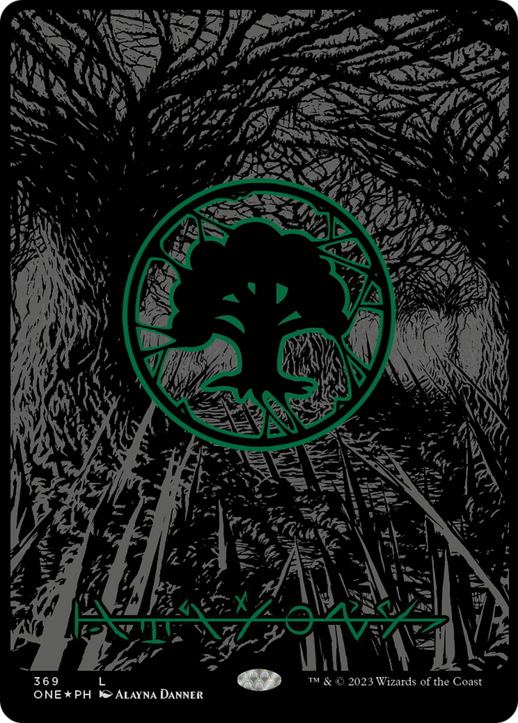 Forest (369) (Oil Slick Raised Foil) [Phyrexia: All Will Be One] | Boutique FDB TCG