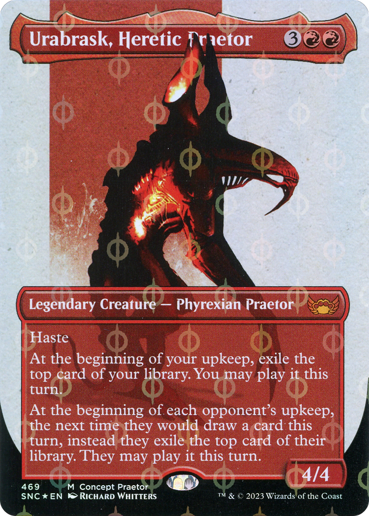 Urabrask, Heretic Praetor (Borderless Concept Praetors Step-and-Compleat Foil) [Phyrexia: All Will Be One] | Boutique FDB TCG