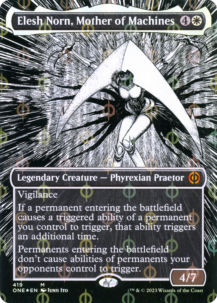 Elesh Norn, Mother of Machines (Borderless Manga Step-and-Compleat Foil) [Phyrexia: All Will Be One] | Boutique FDB TCG